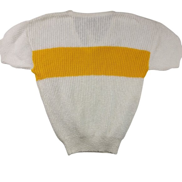 Vintage 90s Sweetree V-Neck Knit Sweater Wide Yellow Stripe Cotton Med Deadstock - Picture 5 of 7